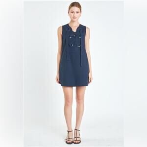 NWT English Factory Navy Blue Lace-Up Front Linen Mini Dress